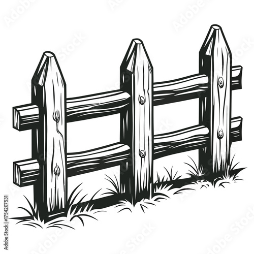 Rustic wooden picket fence section with grass detailed hand drawn style