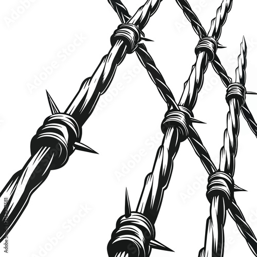 Intricate pattern of sharp barbed wire strands creating a detailed monochrome illustration