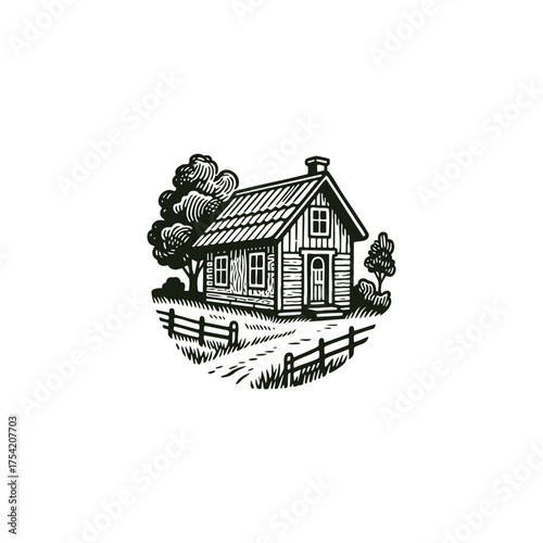 A serene and detailed vintage engraving illustration of a wooden country house or cottage nestled in a grassy field with a nearby tree