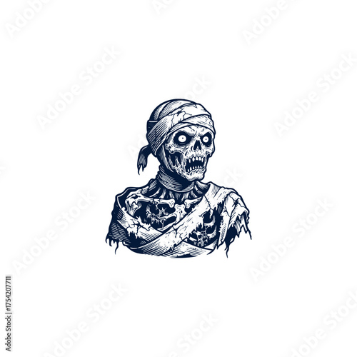 An intense and terrifying vintage engraving illustration of a menacing mummy or undead creature with a bandana/headwrap. Perfect for Halloween, horror themes, gothic design, and scary merchandise