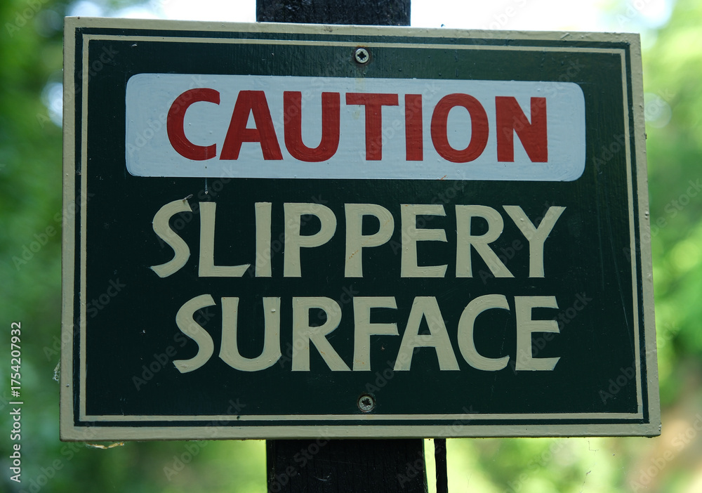 Obraz premium Close-up of a Caution Slippery Surface sign warning pedestrians of potential hazard in outdoor area.