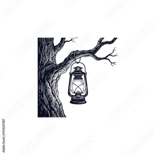 A classic, detailed vintage engraving illustration of an old kerosene lantern hanging from a dark, gnarled tree branch. Perfect for outdoor adventure, camping, mystery, and retro lighting concepts.