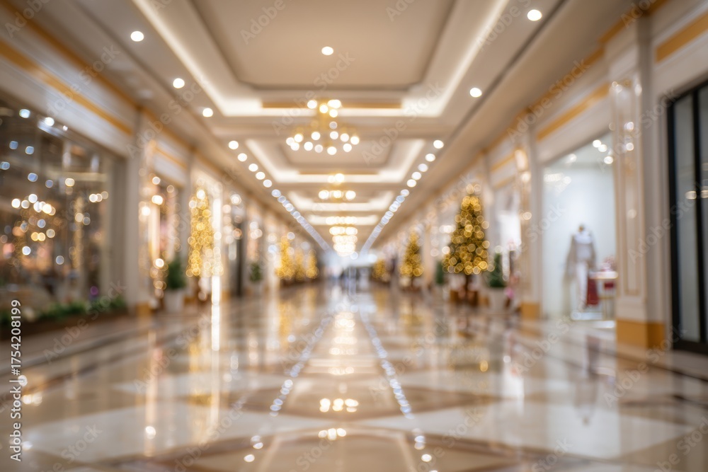 Fototapeta premium Defocused interior shopping mall. Motion blur customers walking in shopping mall. Blurred view of a modern shopping center. Boxing Day sale. Empty copy space, panorama. Indoor blurred bokeh background