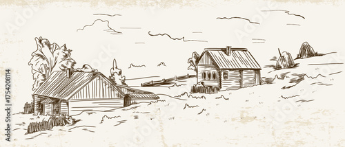 Hand-drawn landscape in vintage style with wooden houses on a hillside, an old fence and trees on a light background with texture.