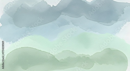 Abstract watercolor painting with layers of muted blues and greens, creating a flowing landscape effect