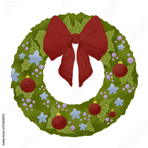 Christmas wreath with red bow. Christmas door wreath. Christmas tree decoration element for holiday.