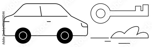 Simplistic car alongside a large key and motion lines indicating movement and unlocking potential. Ideal for transportation, security, accessibility, mobility, travel, innovation, automotive themes