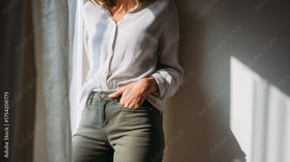 Fototapeta premium Sun-dappled contemplation, young Caucasian woman leans pensively, olive chinos echo Earth Day's serene whispers, unexpected equinox calm