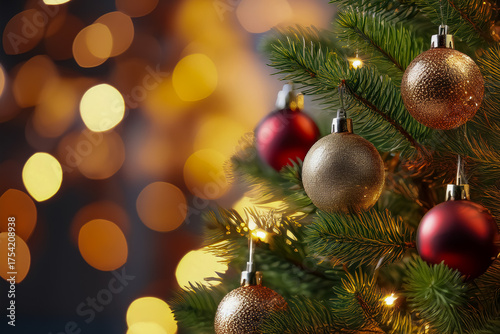 Weihnachtsbaum mit Kugeln und verschwommenen, glänzenden Lichtern 