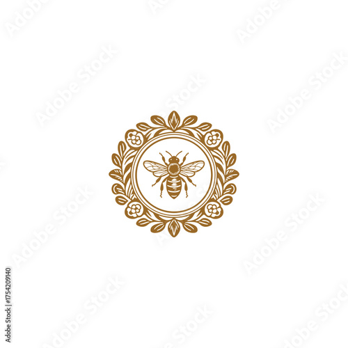 An elegant, vintage engraving illustration of a honey bee centered within a decorative floral wreath or circular frame.