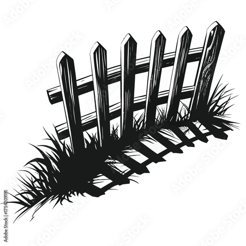 A rustic wooden picket fence stands amidst overgrown grass, casting a long shadow