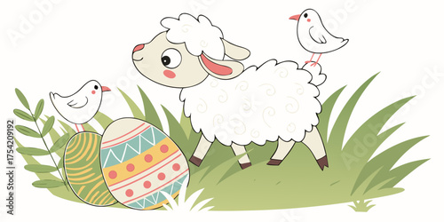 Cute lamb walking among colorful Easter eggs and doves in grass  