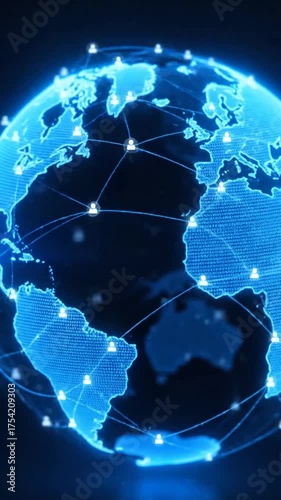 Animated globe with network connections against dark blue background