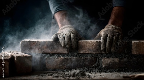 A construction worker s gloved hands carefully place bricks with cement and dust swirling in the air highlighting the intricate process of building a