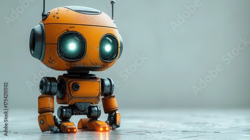  boxy vintage robot with blinking lights, sitting on glossy white background and floor