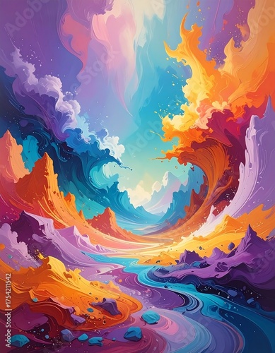 Abstract, colorful digital painting depicting a flowing river and swirling, vibrant clouds