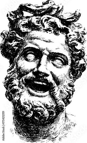 Head of a Greek statue. Detailed bust sculpture with unique expression in black and white vector illustration.