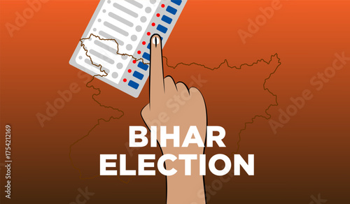 Bihar Legislative Assembly election, Bihar map outline with voter hand and EVM machine, vector election banner and poster