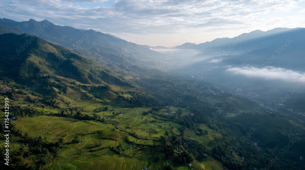 Fototapeta premium Mist-wreathed mountains cradle emerald valleys, whispering secrets of new beginnings and La Bealtaine enchantments, evoking ethereal serenity