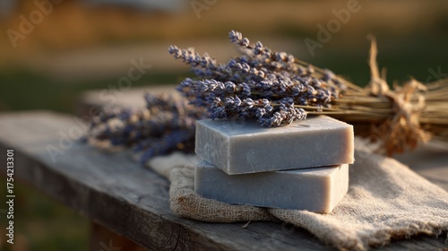 Stony lavender soap bars bask in golden sunset, exuding scents of Provence and evoking tranquility, perfect for World Lavender Festival