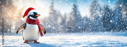 Panel kuchenny z motywem A charming penguin in a Santa hat and scarf stands in a snowy meadow overlooking a winter forest and blue sky, creating a warm, festive atmosphere of the winter holidays
