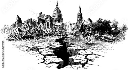 Antique engraving depicting a destroyed city scene. Detailed line illustration with cracks in the ground and ruined buildings in black and white vector style.