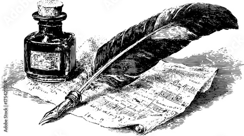 Vintage quill and ink on textured paper. Classic writing tools in an elegant set. Vector illustration showcasing artistry and craft.