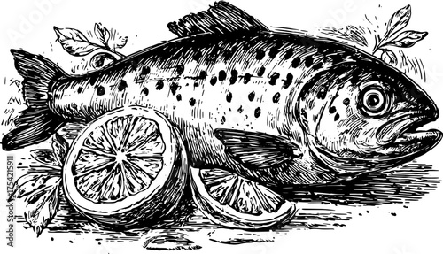 Fish engraving illustration featuring trout and lemon slices. A vintage vector set with detailed textures, suitable for culinary-themed designs.