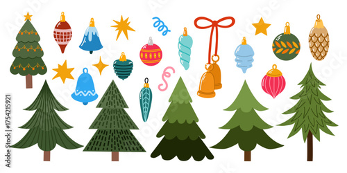 Set of Christmas trees with different decorations