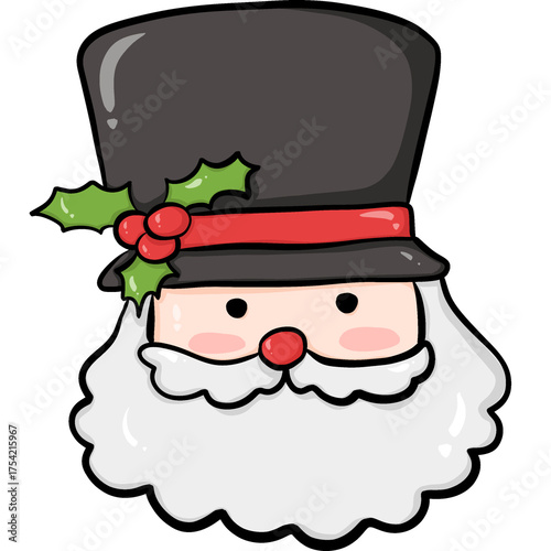 Adorable cartoon Santa Claus wearing a tall black top hat decorated with holly leaves and red berries. Perfect for Christmas cards, festive decorations, stickers, and holiday designs.