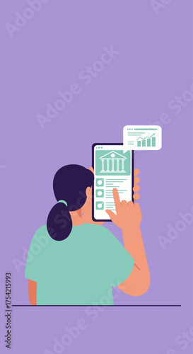 A person using a smartphone, viewing financial data and interacting with an app interface.