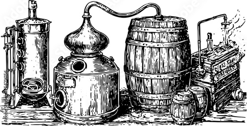 Vintage distillation apparatus in detailed line drawing. Set of historical brewing equipment vector illustration.