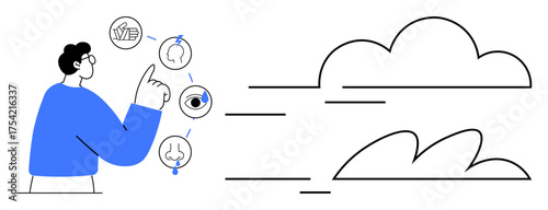 Person pointing at circular sensory icons representing sight, smell, and taste amidst stylized moving clouds. Ideal for sensory perception, health, awareness, learning, cloud services, imagination