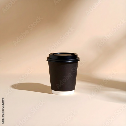Blank Black and White Coffee Takeaway Cup with Black Lid on a Neutral Beige Surface with Soft Shadow Overlay and Copy Space for Branding, Mockup, and Beverage Concept