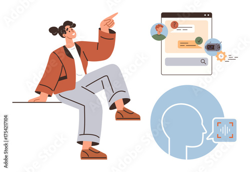 Woman gesturing towards online profile, facial recognition, and secure authentication interface. Ideal for technology, cybersecurity, identity, AI, privacy biometrics innovation themes. Simple flat