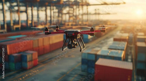 Advanced drone flying over a vast container terminal at sunset, conducting aerial surveillance for logistics and port operations, with gantry cranes and shipping containers blurred in the background.