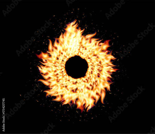 Fire ring, blazing circle, heat flames. Realistic flaming wreath with flying sparks on black background. Hot vortex, inferno effect, power explosion symbol, round frame. Vector illustration.