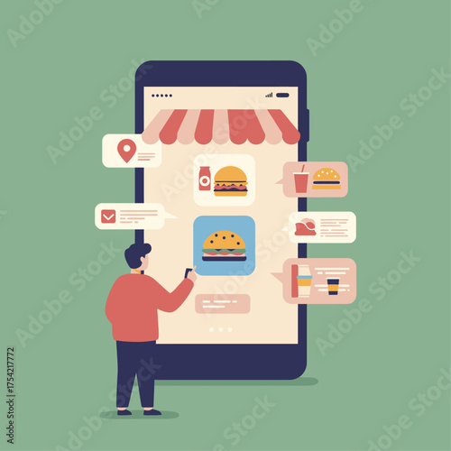 Man using a mobile app to order food online, with icons of burgers and drinks displayed.