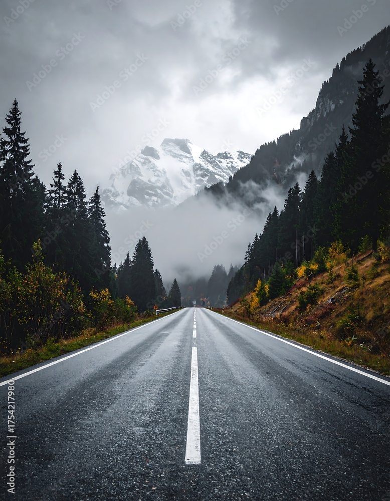 Fototapeta premium An empty asphalt road stretches towards a distant snow-capped mountain, framed by dense, dark forests