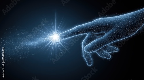 Digital hand touching spark of light symbolizes connection innovation and future technology