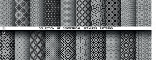 Geometric set of seamless black and gray patterns. Simple vector graphics