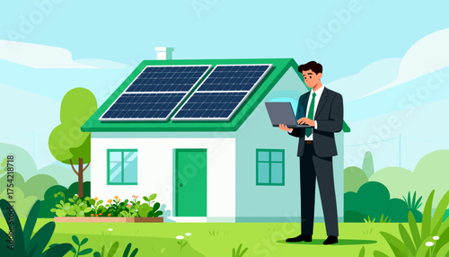 Businessman with laptop managing smart home energy efficiency. House with solar panels. Eco-friendly, renewable green energy and sustainability technology vector illustration.