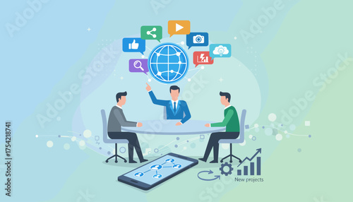 Business team meeting discussing global social media marketing strategy. Flat vector illustration of businessmen planning new project with mobile technology and data analytics.