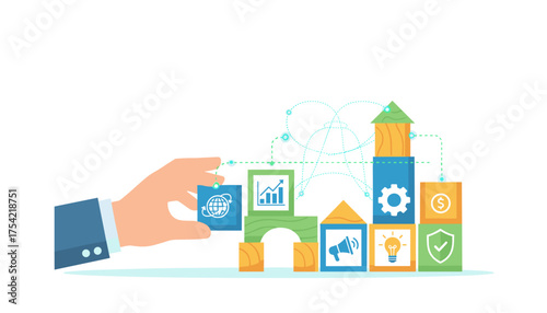 Hand arranging wooden blocks with digital marketing icons, business strategy and global connection concept, growth chart, innovation, finance, communication, and security symbols.