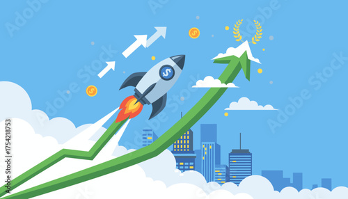 Financial growth chart with a rocket ship launching up. Business success concept with arrow graph. Startup boost, investment profit, and market increase metaphor over a city.
