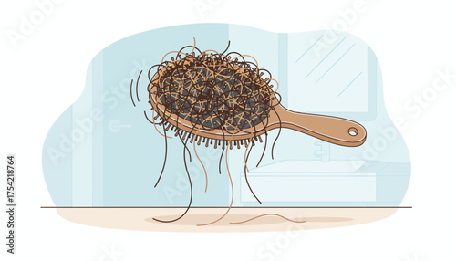 Hair loss problem concept with wooden hairbrush full of tangled falling hair strands in modern bathroom. Alopecia issue visualization. Hair fall care treatment beauty