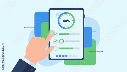 Hand completing checklist on tablet. Task management app, business survey form. Person ticking checkbox, quality control test. Progress report, performance analytics concept.
