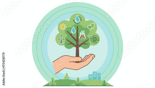 Hand holding green tree with renewable energy icons. Concept of environment protection, ecology, sustainability. Earth day. Solar, wind, water, recycling vector illustration.