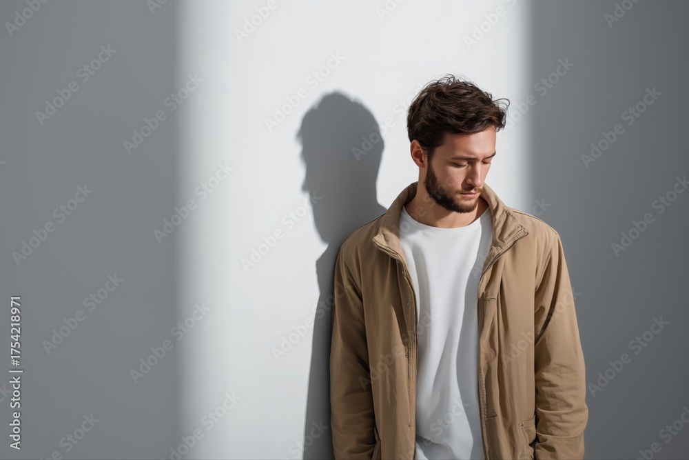 Obraz premium Thoughtful young caucasian male in sunlit space reflecting shadows