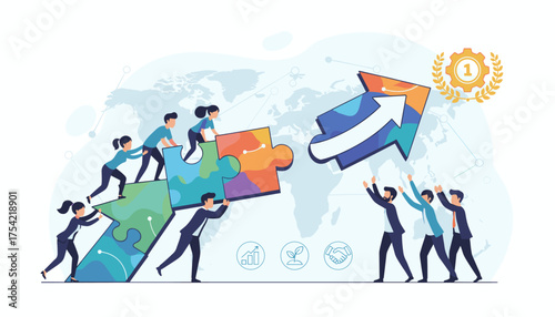 Teamwork and partnership for business success. Concept of merger and acquisition. People work together connecting puzzle pieces for growth. Strategy for global market achievement.